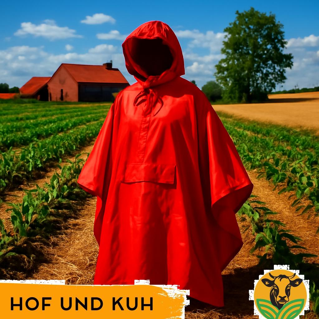 ALT Text: „Verschiedene farbige Regenponchos, die auf einer deutschen Landwirtschaftsfarm getragen werden, um Schutz vor Regen zu bieten.“