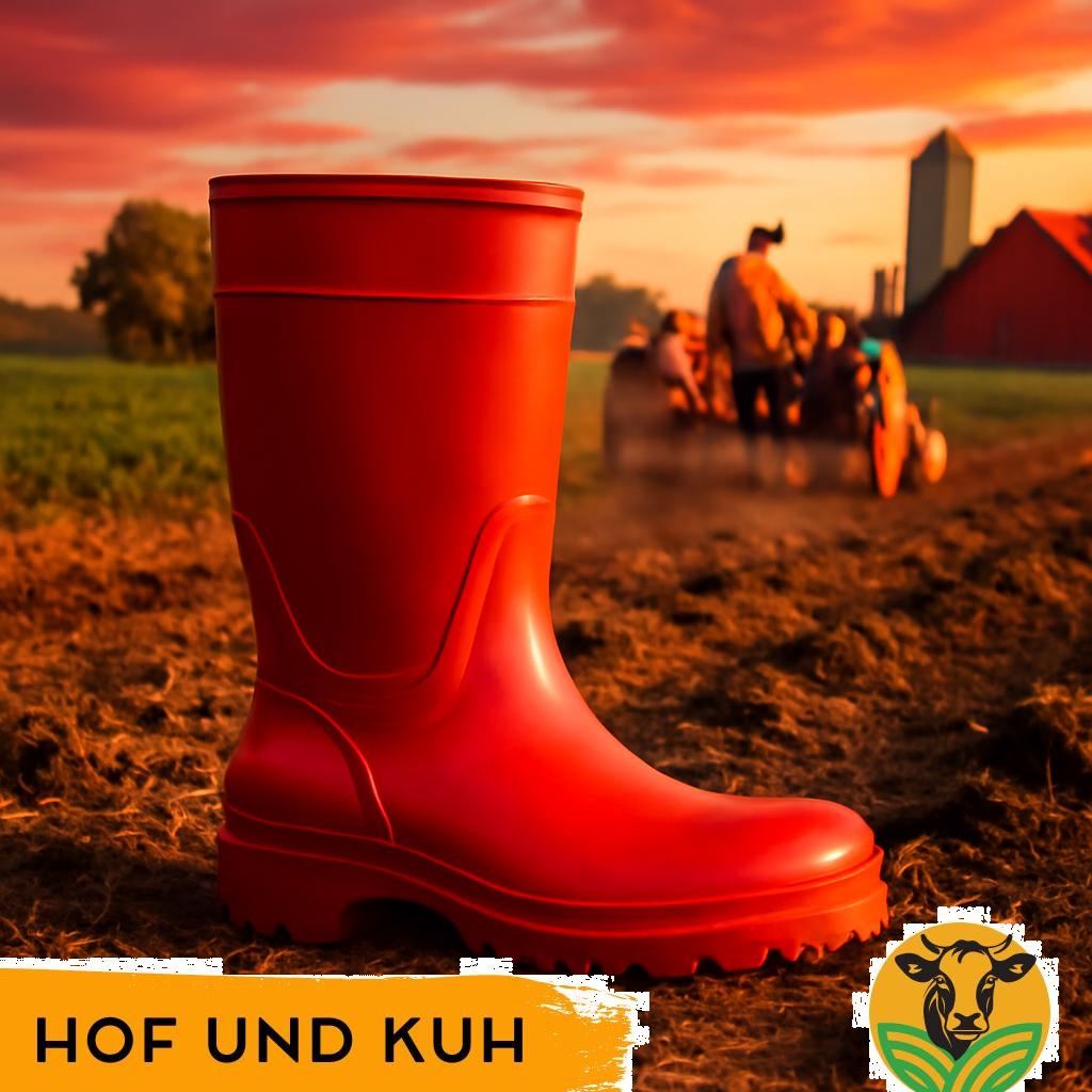 ALT-Text: „Robuste Gummistiefel auf einem Bauernhof in der deutschen Landwirtschaft, ideal für nasse und schlammige Feldarbeiten.“